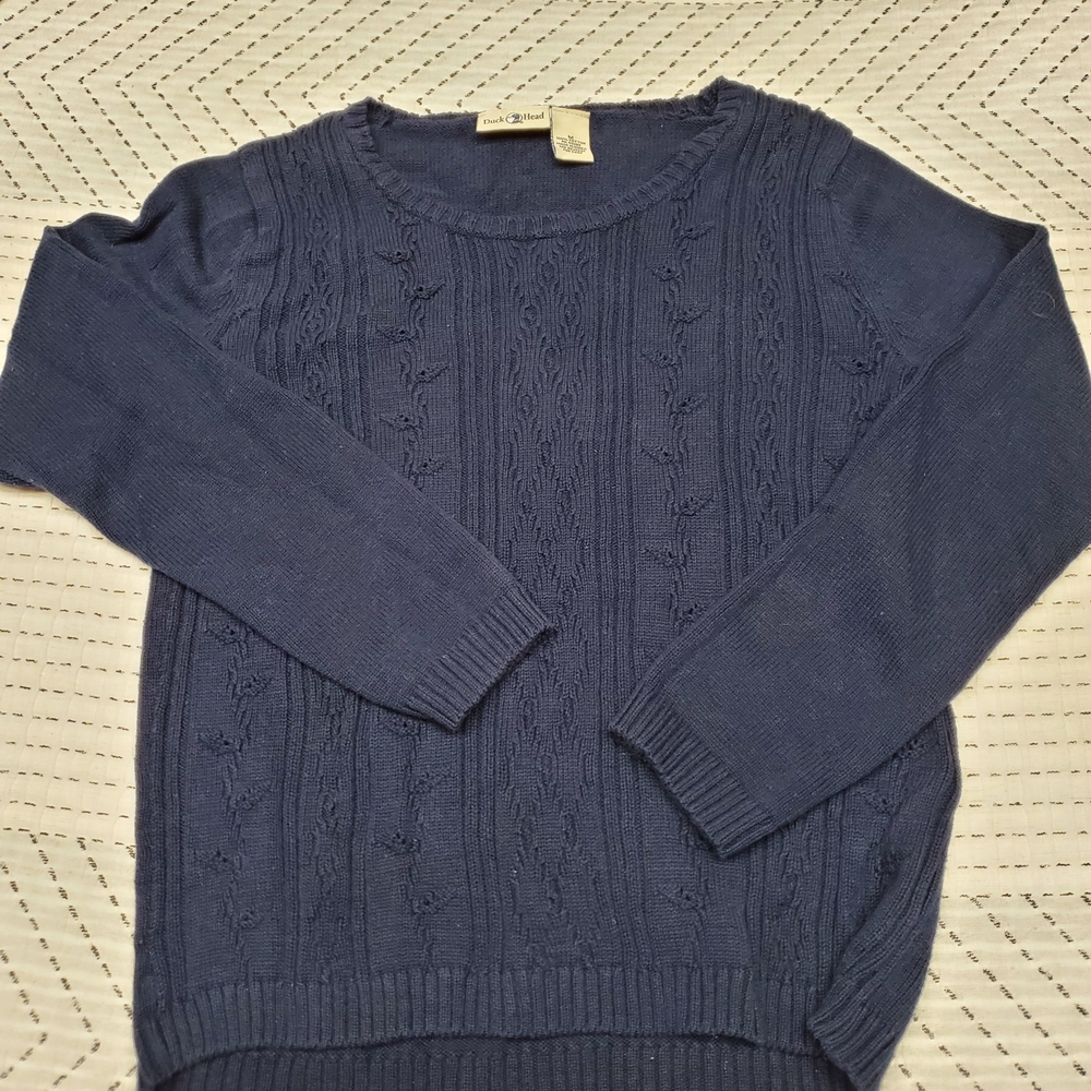 Vintage Duck Head 100% Cotton Cable Knit Sweater Navy Blue Made in Korea Medium